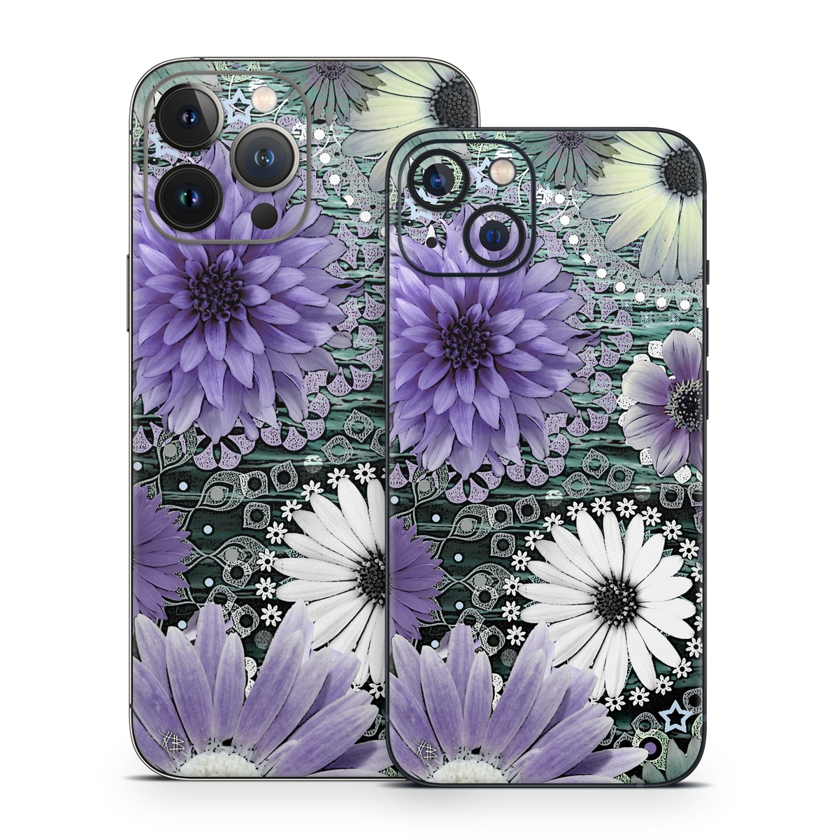 iPhone 13 Series Skin design of Purple, Flower, african daisy, Pericallis, Plant, Violet, Lavender, Botany, Petal, Pattern, with gray, black, blue, purple, white colors