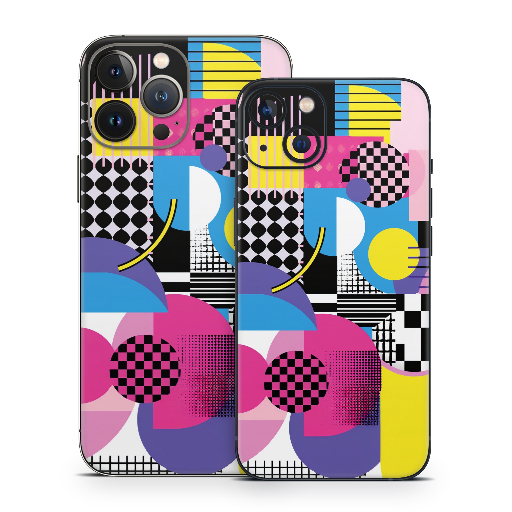 iPhone 13 Series Skin design of Rectangle, Textile, Art, Font, Line, Material property, Magenta, Pattern, Circle, Tints and shades, with pink, yellow, white, black, purple, blue colors