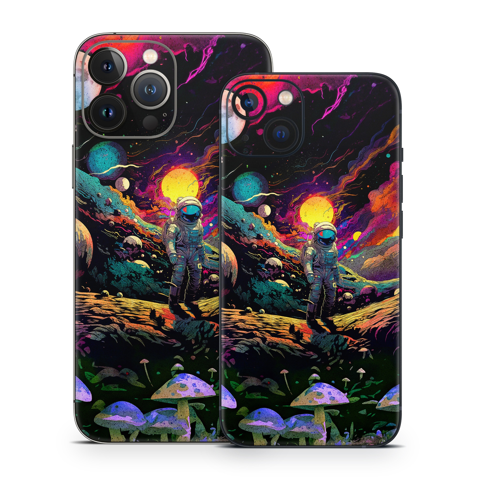 iPhone 13 Series Skin design of Light, Nature, Purple, Umbrella, Plant, Art, Terrestrial plant, Natural landscape, Astronomical object, Space, with black, white, purple, red, gray, orange, yellow, blue, green, brown colors