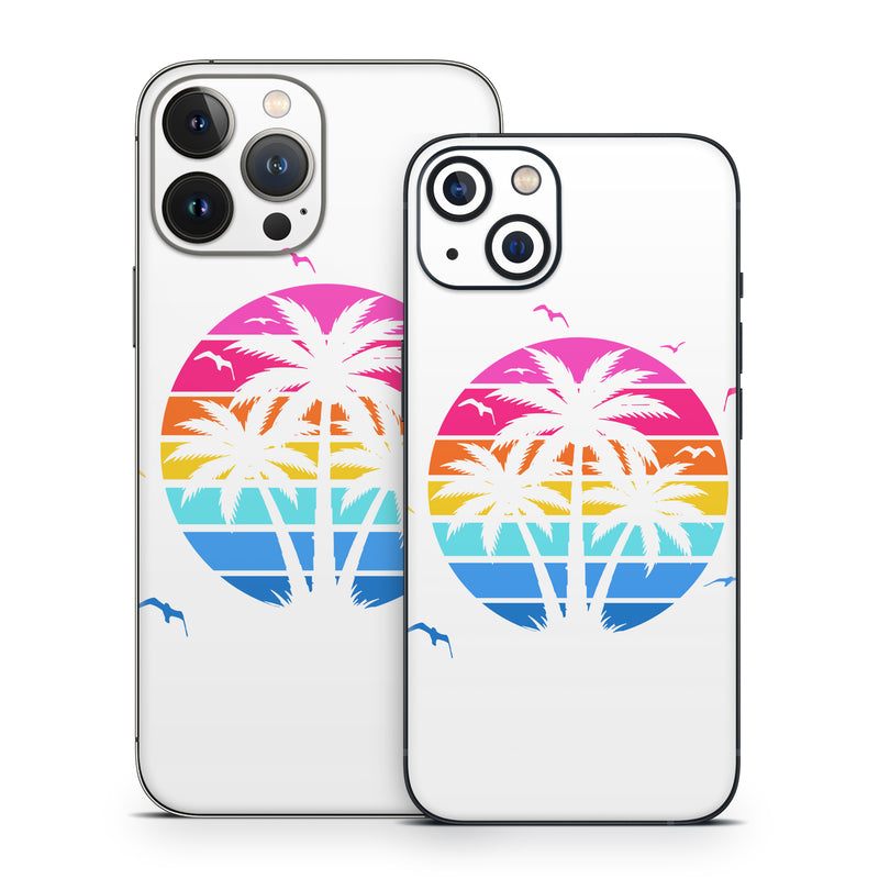 iPhone 13 Series Skin design of Palm trees, Graphics, Clip art, Graphic design, with white, pink, orange, yellow, blue colors