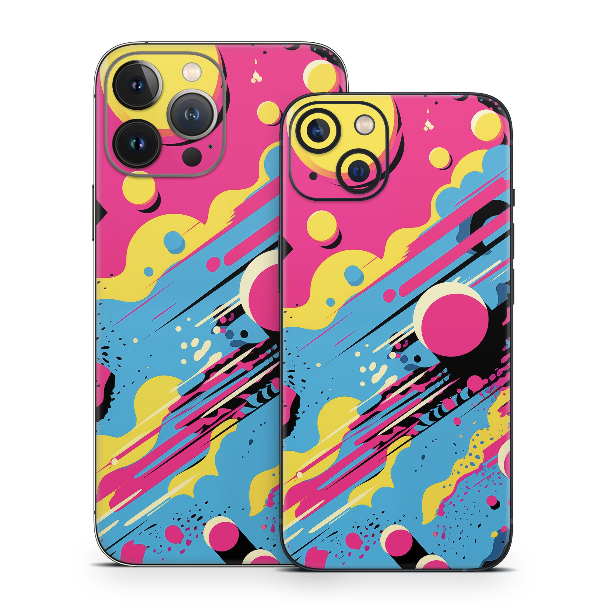 iPhone 13 Series Skin design of Colorfulness, Paint, Art, Font, Line, Material property, Magenta, Pattern, Illustration, Circle, with pink, yellow, blue, black, white colors