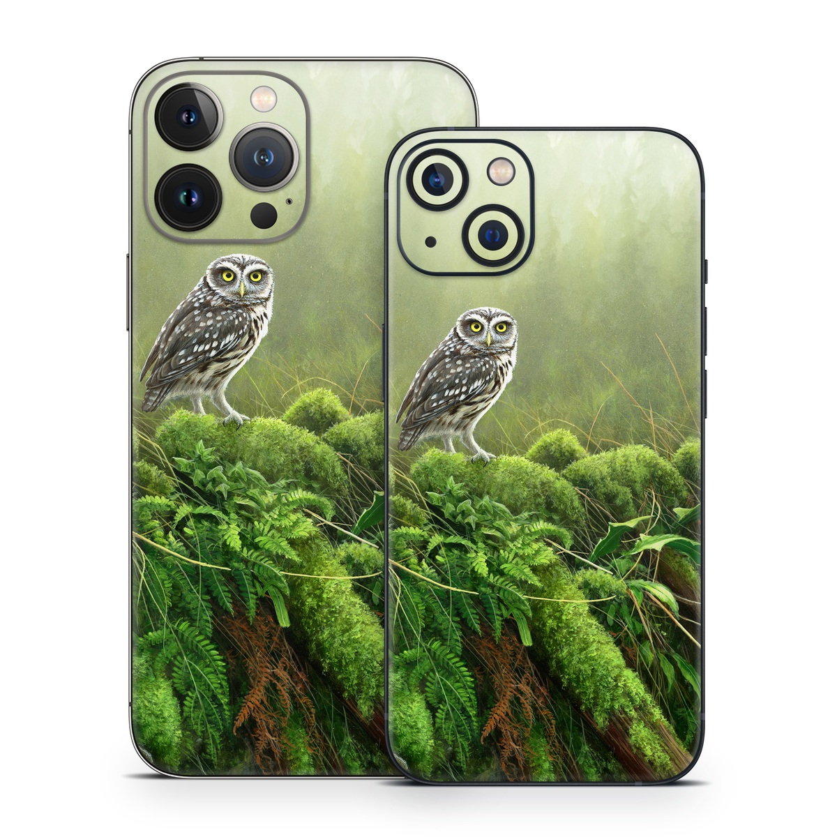 iPhone 13 Series Skin design of Nature, Owl, Bird, Bird of prey, great grey owl, Adaptation, Terrestrial plant, Wildlife, Plant, Organism, with brown, gray, green, white colors