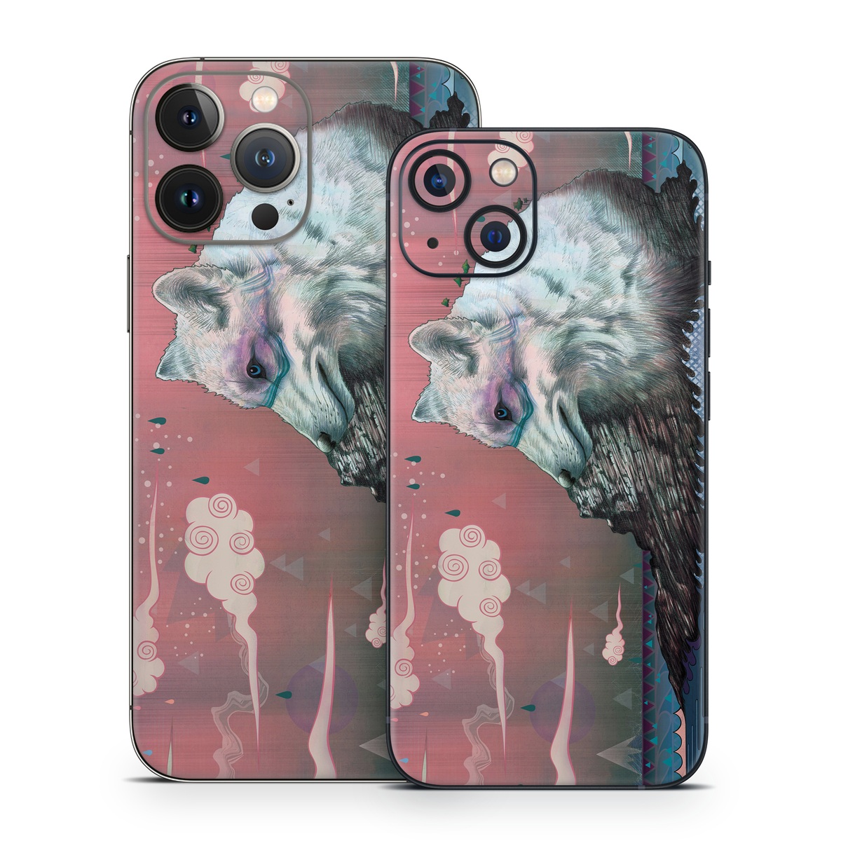 iPhone 13 Series Skin design of Illustration, Drawing, Sketch, Art, Graphic design, Lion, Goats, Fictional character, Ink, Bison, with gray, purple, black, red colors