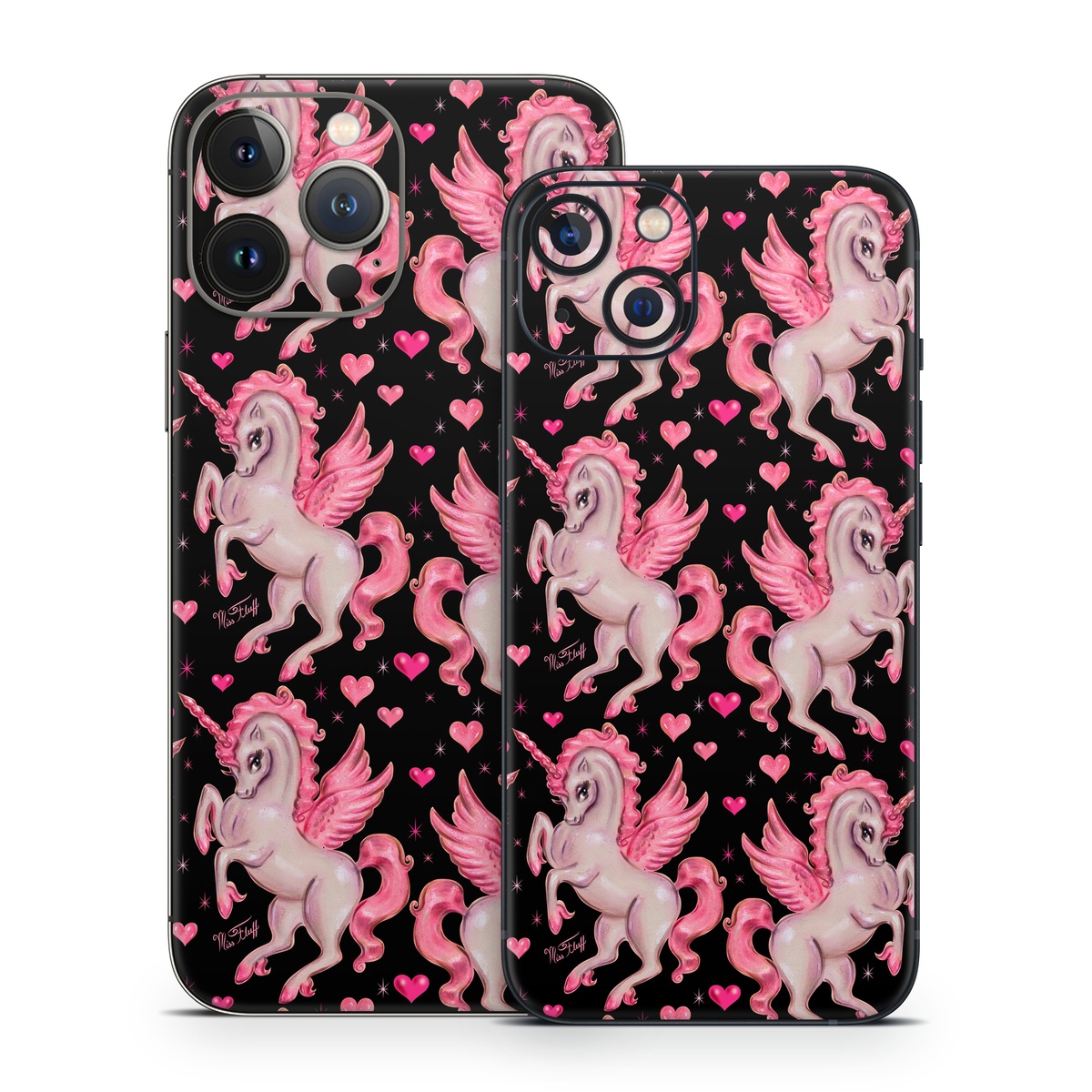 iPhone 13 Series Skin design of Pink, Pattern, Fictional character, Design, Illustration, Font, Unicorn, Graphic design, Mythical creature, Art, with black, pink colors