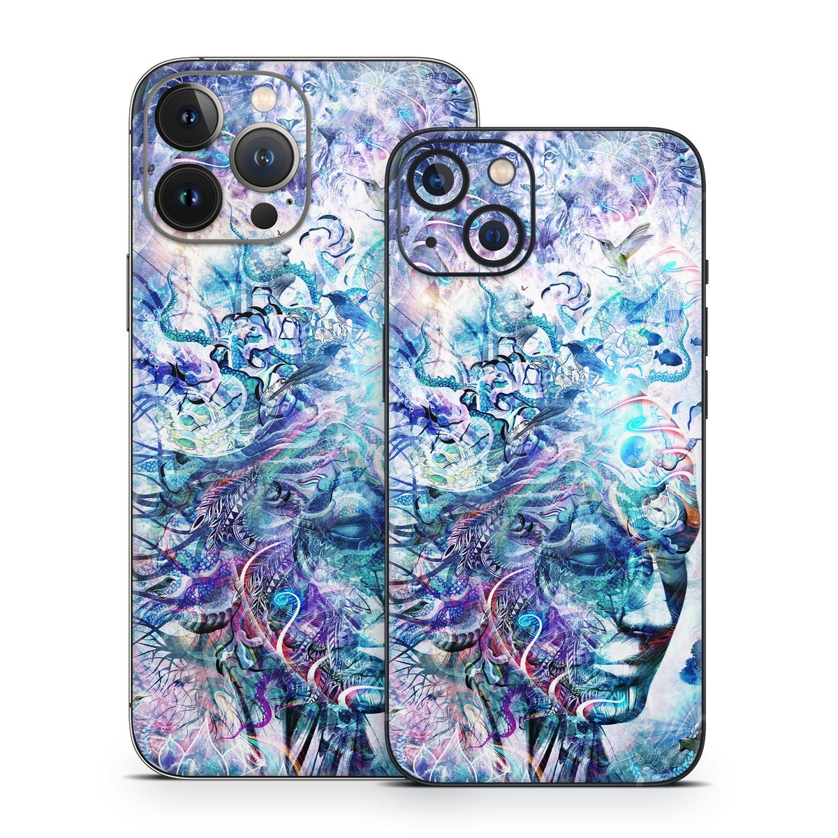 iPhone 13 Series Skin design of Psychedelic art, Water, Fractal art, Art, Pattern, Graphic design, Design, Illustration, Electric blue, Visual arts, with blue, purple, green, red, gray, white colors