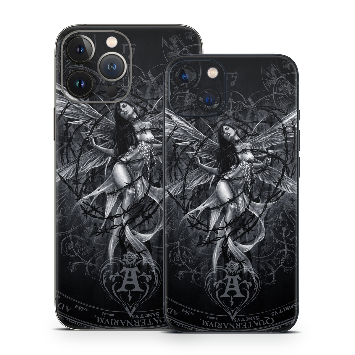 iPhone 13 Series Skin design of Illustration, Graphic design, Darkness, Fictional character, Black-and-white, Pattern, Graphics, Mythical creature, Circle, Wing, with black, white colors