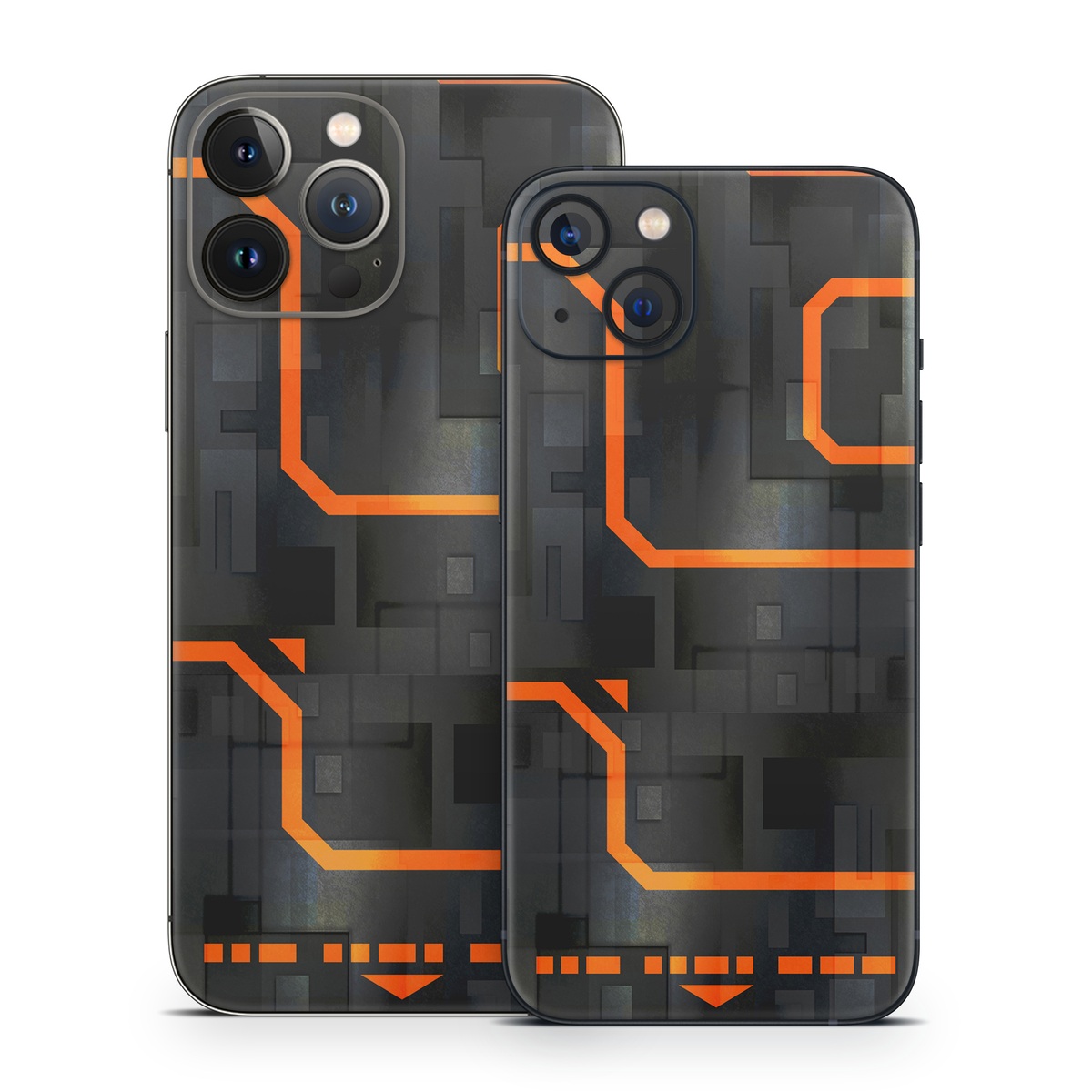 iPhone 13 Series Skin design of Orange, Font, Parallel, Pattern, Graphics, Rectangle, Logo, Brand, Graphic design, Event, with black, orange colors