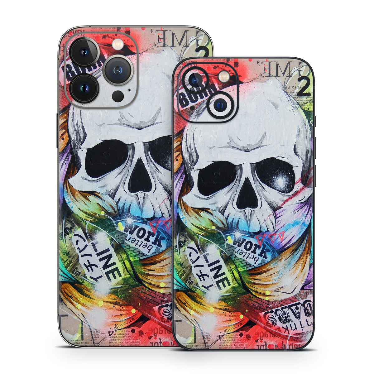 iPhone 13 Series Skin design of Street art, Text, Graphic design, Font, Illustration, Art, Graffiti, Skull, Poster, Advertising, with gray, black, red, green, blue colors