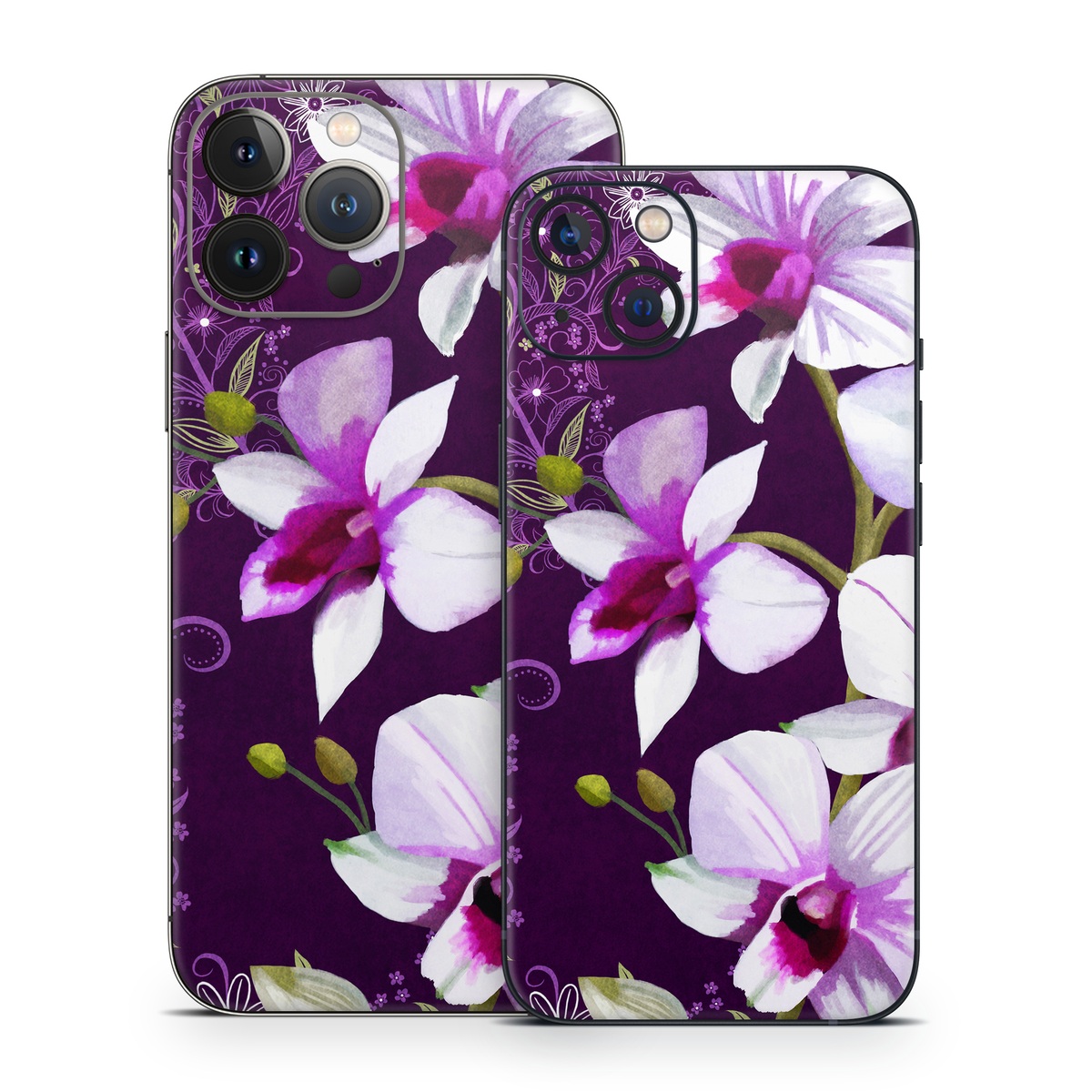 iPhone 13 Series Skin design of Flower, Purple, Petal, Violet, Lilac, Plant, Flowering plant, cooktown orchid, Botany, Wildflower, with black, gray, white, purple, pink colors