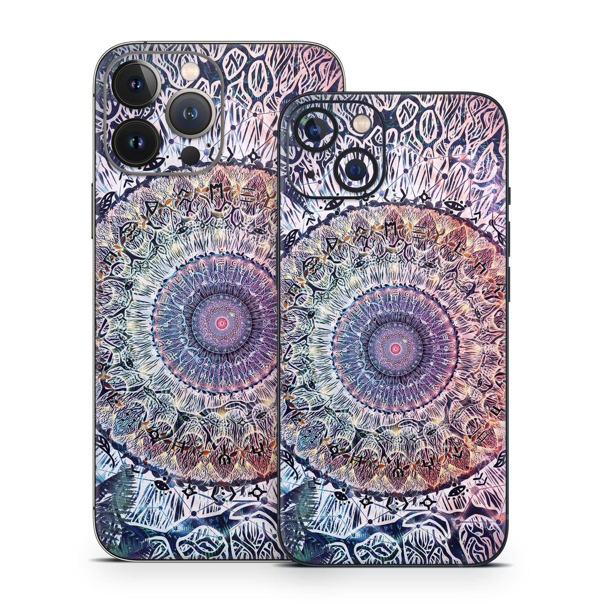 iPhone 13 Series Skin design of Tapestry, Pattern, Art, Close-up, Circle, Fractal art, Textile, Eye, Design, Kaleidoscope, with blue, red, yellow, purple, green colors