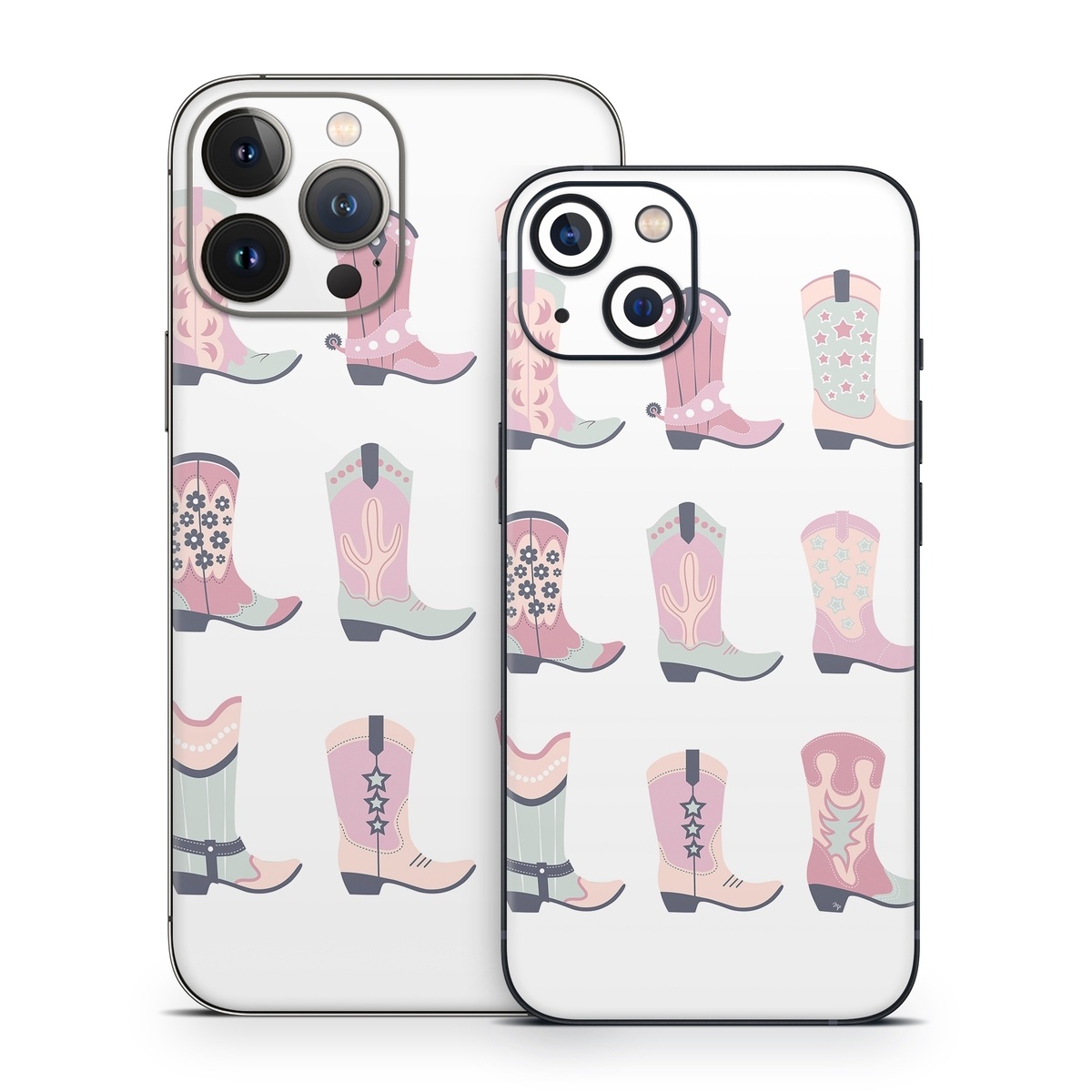 iPhone 13 Series Skin design of Footwear, Shoe, White, Durango boot, Product, Fashion, Textile, Pink, Font, Red, with pink, white, blue, brown colors