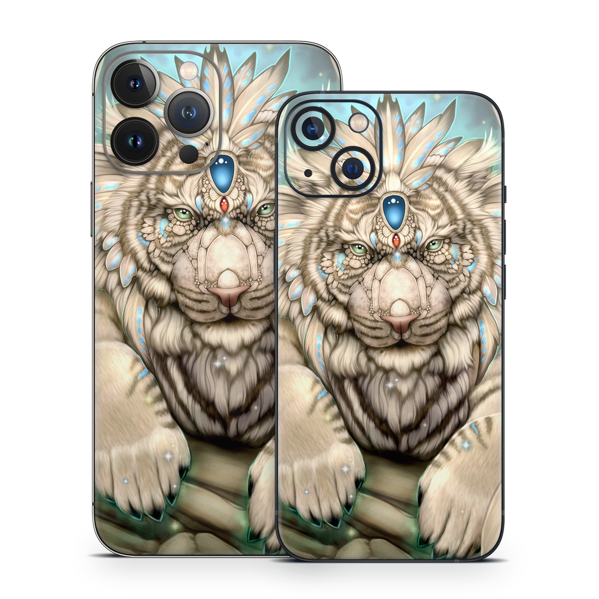 iPhone 13 Series Skin design of Mythical creature, Sleeve, Textile, Gesture, Felidae, Tattoo, Big cats, Font, Temporary tattoo, Painting, with white, blue, black, gray colors