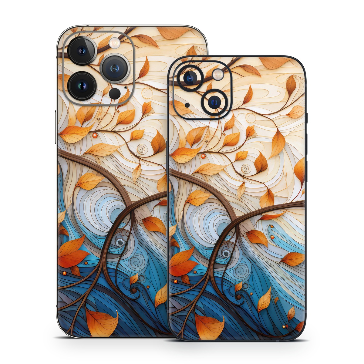 iPhone 13 Series Skin design of Dishware, Orange, Textile, Sleeve, Serveware, Petal, Pattern, Porcelain, Electric blue, Art, with yellow, orange, red, white, blue, brown colors