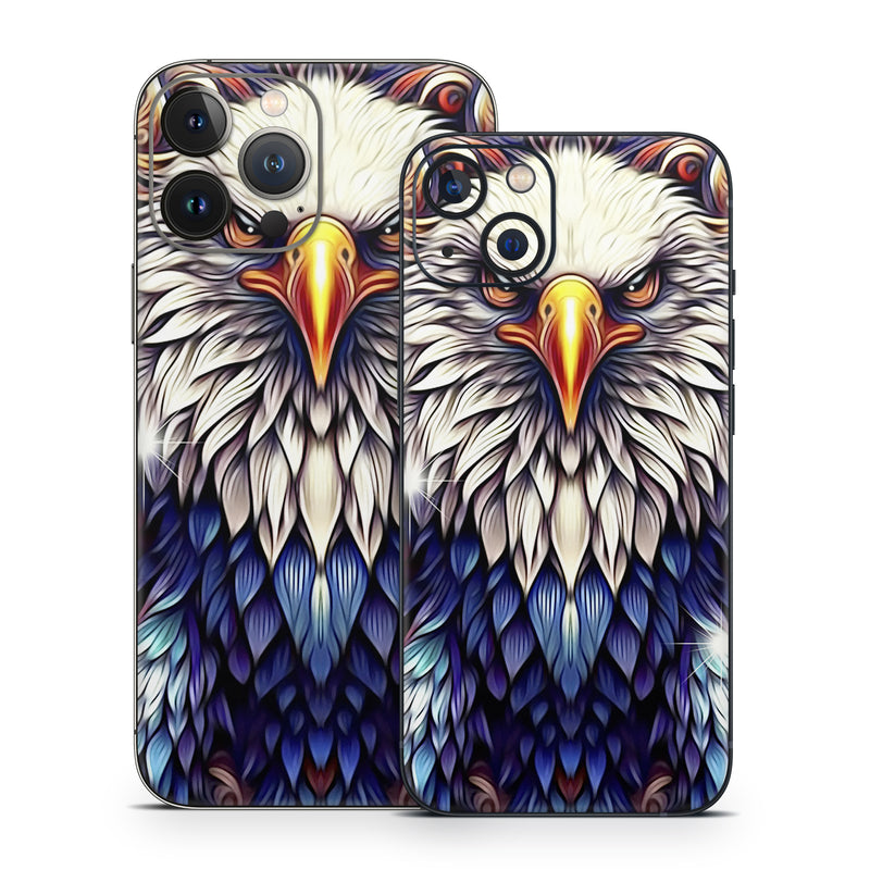iPhone 13 Series Skin design of Accipitridae, Bird of prey, Eagle, Wing, Beak, Accipitriformes, Bird, Falconiformes, Bald eagle, Sea eagle, with red, blue, white, yellow, orange, brown, gray colors