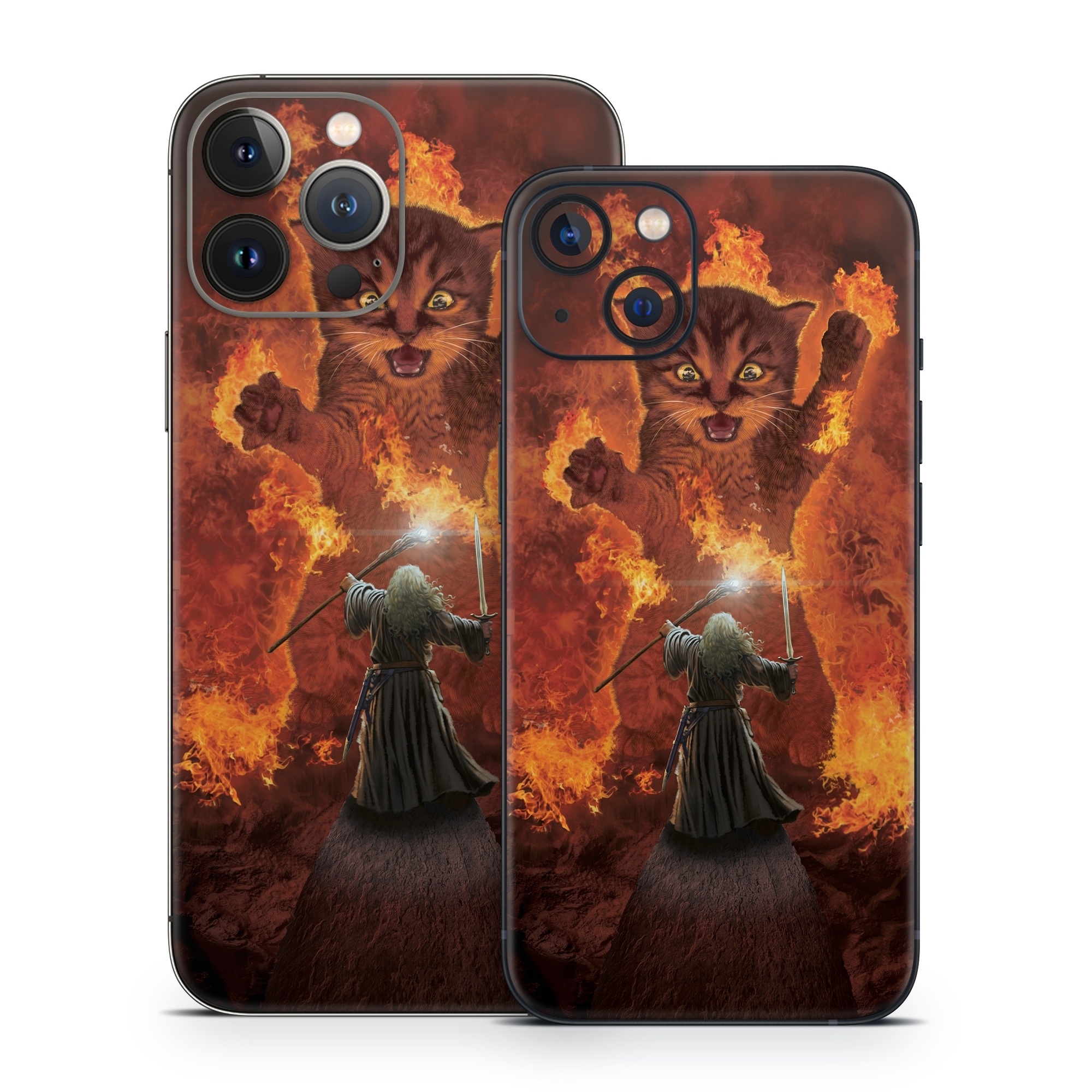 iPhone 13 Series Skin design of Cartoon, Art, Carnivore, Cg artwork, Felidae, Supernatural creature, Big cats, Heat, Fictional character, Darkness, with black, red, white, gray, yellow colors