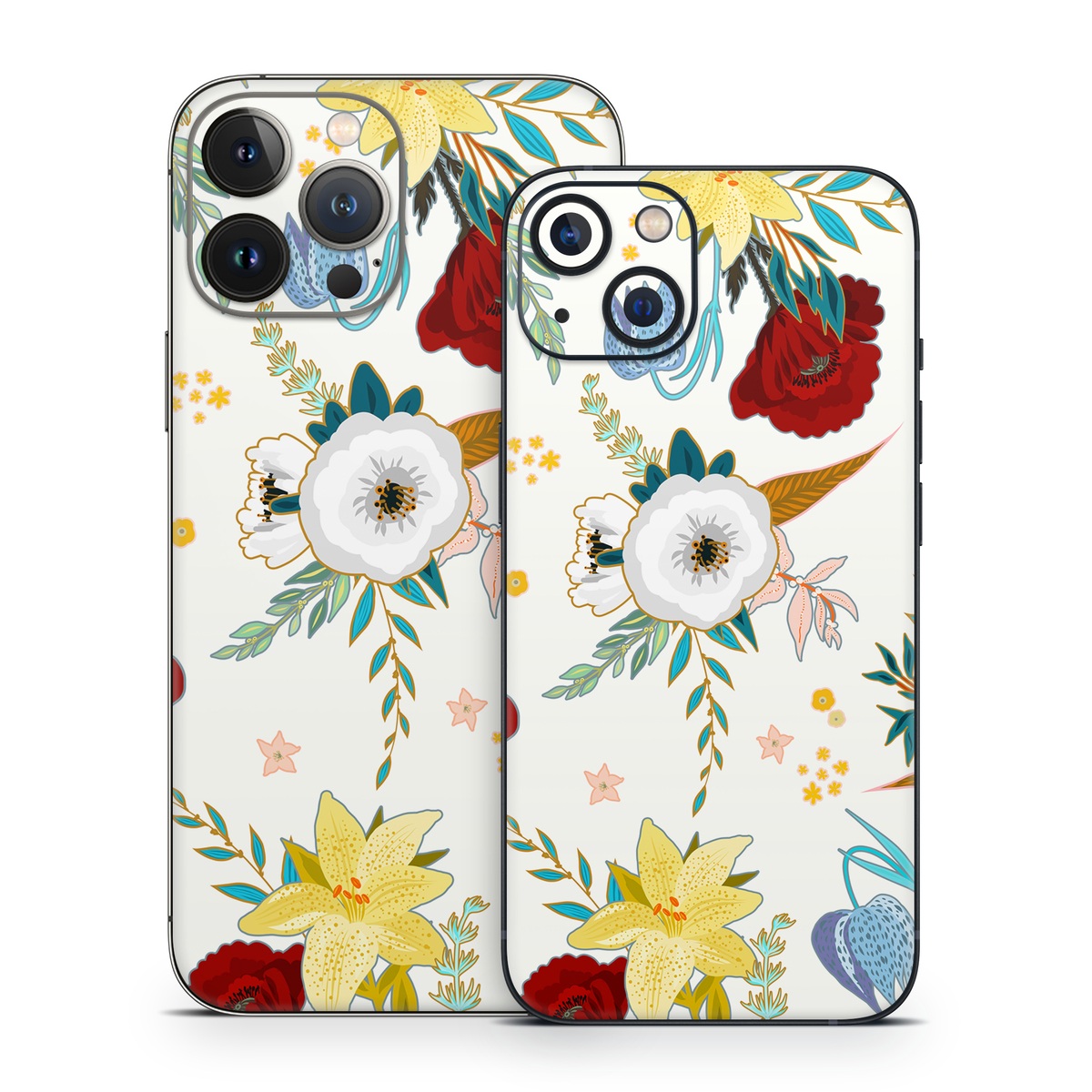 iPhone 13 Series Skin design of Floral design, Pattern, Wrapping paper, Botany, Design, Flower, Wallpaper, Plant, Clip art, Pedicel, with white, blue, red, yellow, pink, orange colors