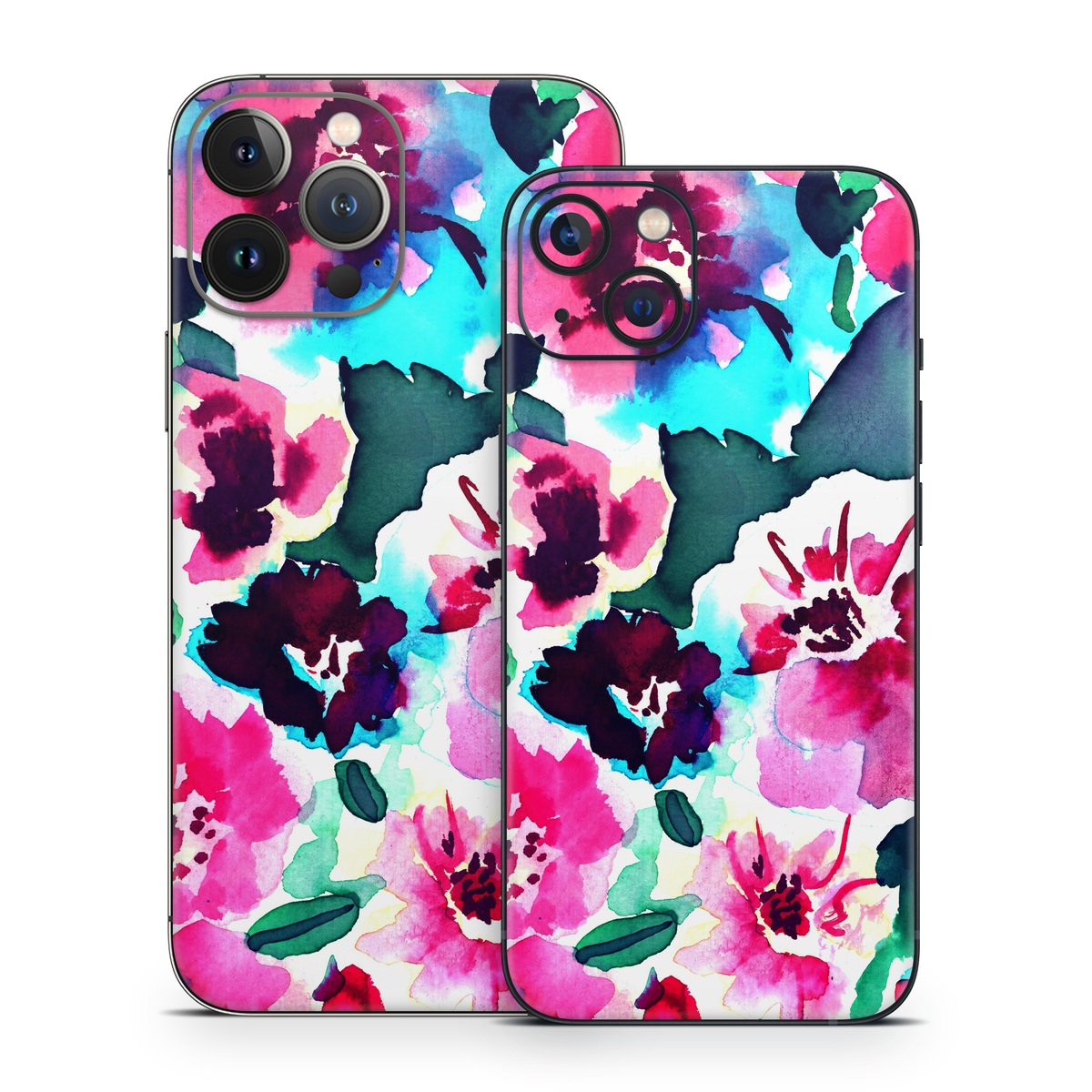 iPhone 13 Series Skin design of Flower, Pink, Petal, Plant, Pattern, Hawaiian hibiscus, Design, Magenta, Flowering plant, Watercolor paint, with white, pink, blue, green, red colors
