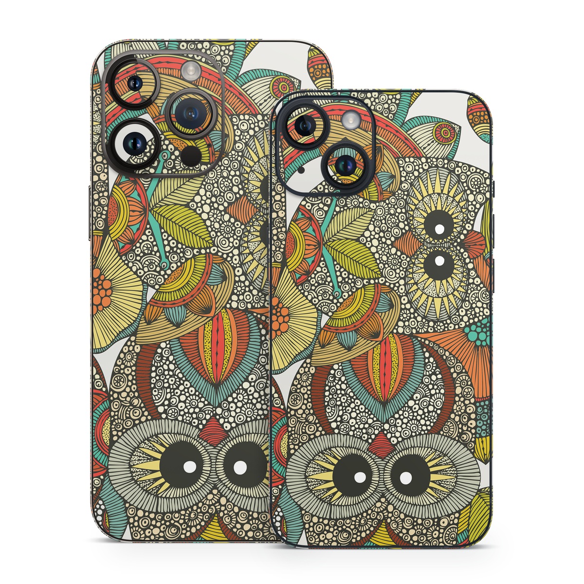 iPhone 14 Skin design of Owl, Pattern, Visual arts, Art, Design, Textile, Illustration, Motif, Bird, with white, green, orange, yellow, blue, red colors
