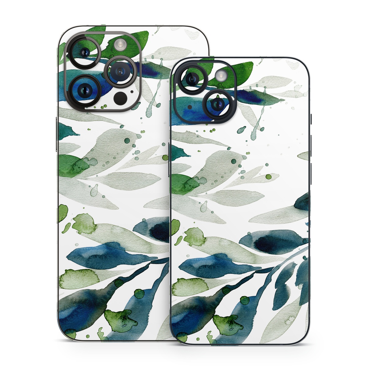 iPhone 14 Skin design of Leaf, Branch, Plant, Tree, Botany, Flower, Design, Eucalyptus, Pattern, Watercolor paint, with white, blue, green, gray colors
