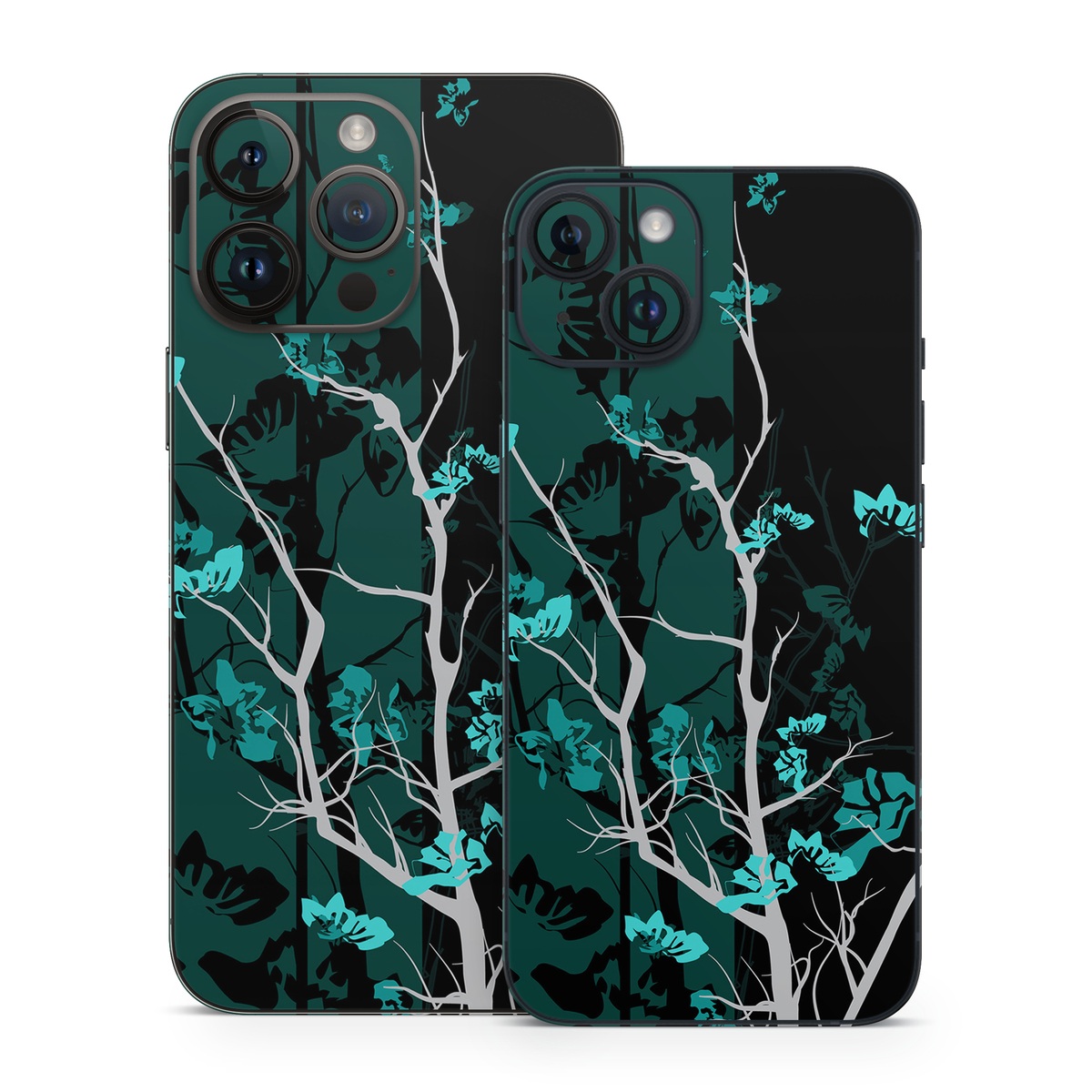 iPhone 14 Skin design of Branch, Black, Blue, Green, Turquoise, Teal, Tree, Plant, Graphic design, Twig, with black, blue, gray colors