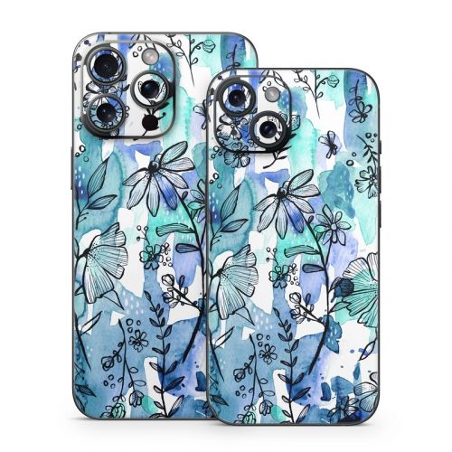 Blue Ink Floral iPhone 15 Series Skin