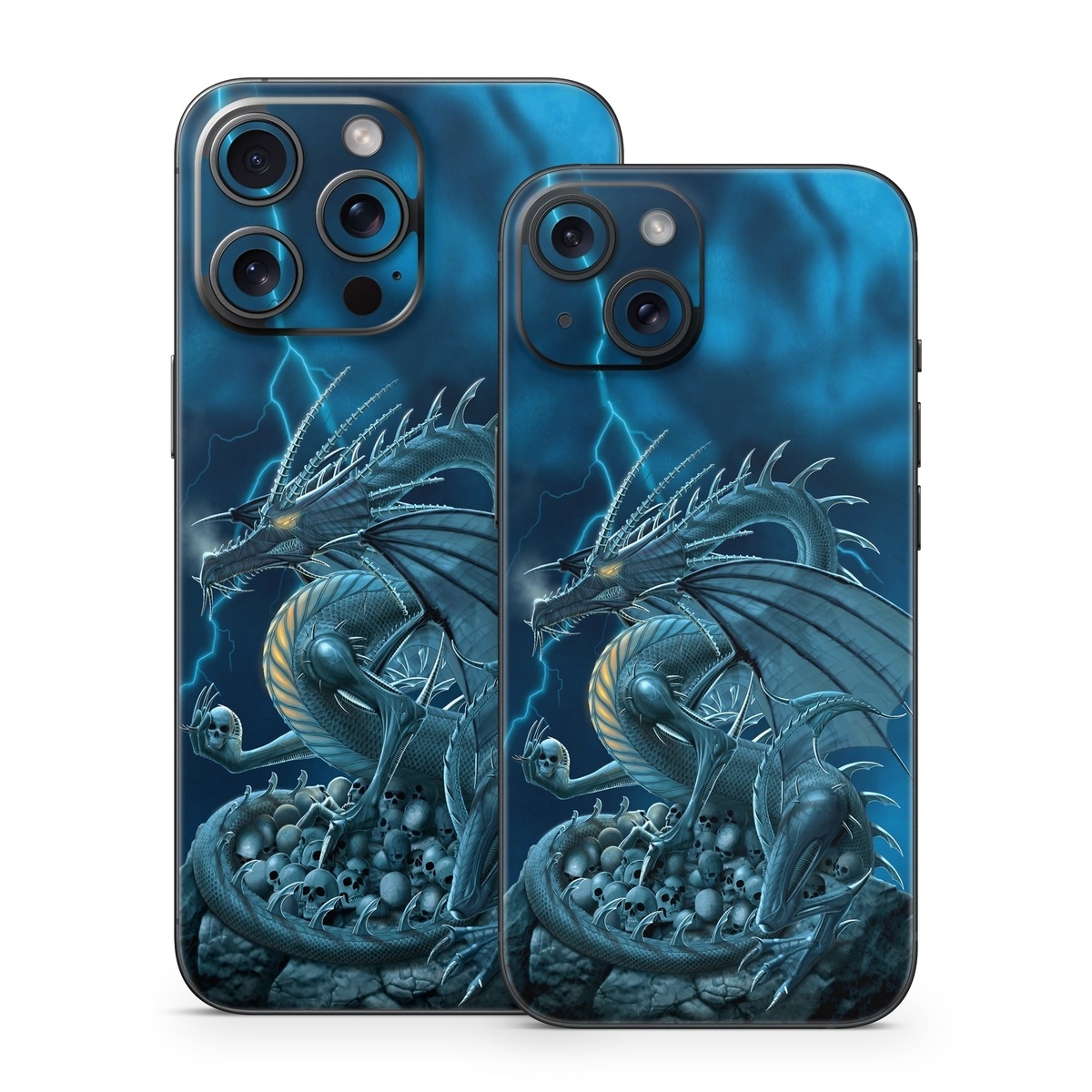 iPhone 15 Series Skin design of Cg artwork, Dragon, Mythology, Fictional character, Illustration, Mythical creature, Art, Demon, with blue, yellow colors