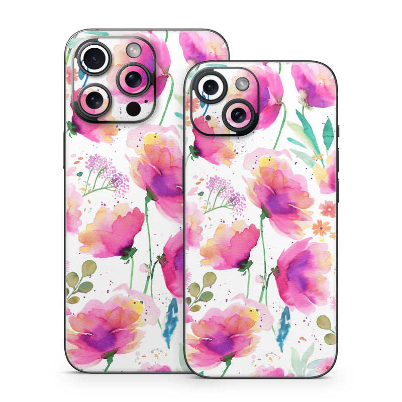 iPhone 15 Series Skin design of Pink, Watercolor painting, Art Paint, Creative arts, Paint, Floral design, Geraniums, with white, pink, purple, green, yellow, orange colors