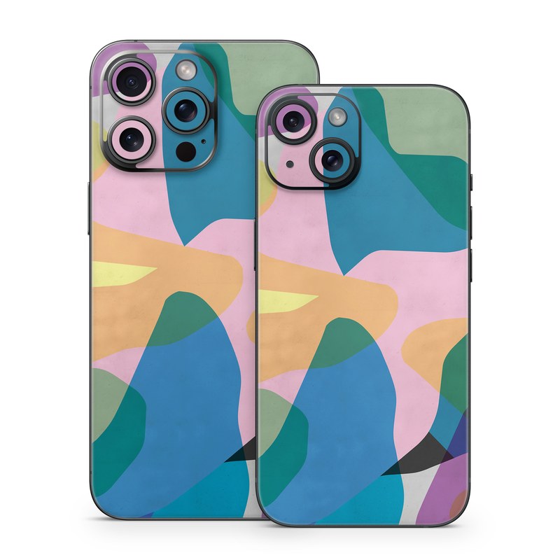 iPhone 15 Series Skin design of Azure, Paint, Textile, Organism, Art, Painting, Aqua, Font, Rectangle, Tints and shades, with blue, green, pink, yellow, orange, purple, gray colors