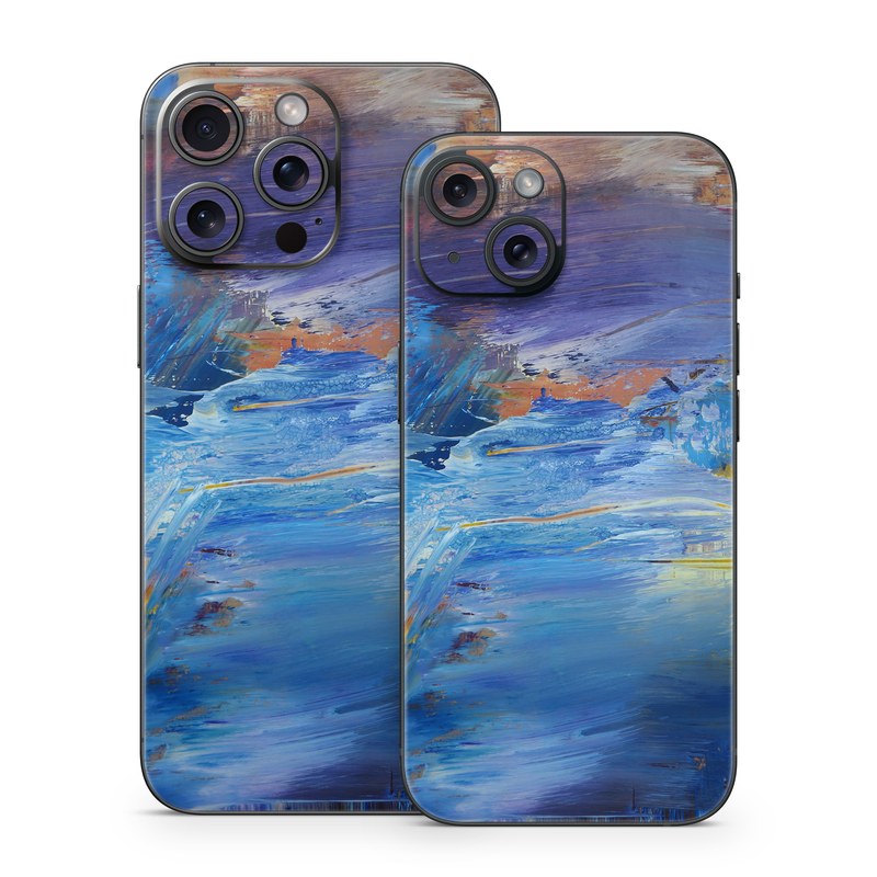iPhone 15 Series Skin design of Painting, Blue, Modern art, Acrylic paint, Sky, Watercolor paint, Art, Visual arts, Paint, Electric blue, with blue, purple, yellow, brown, orange, black colors