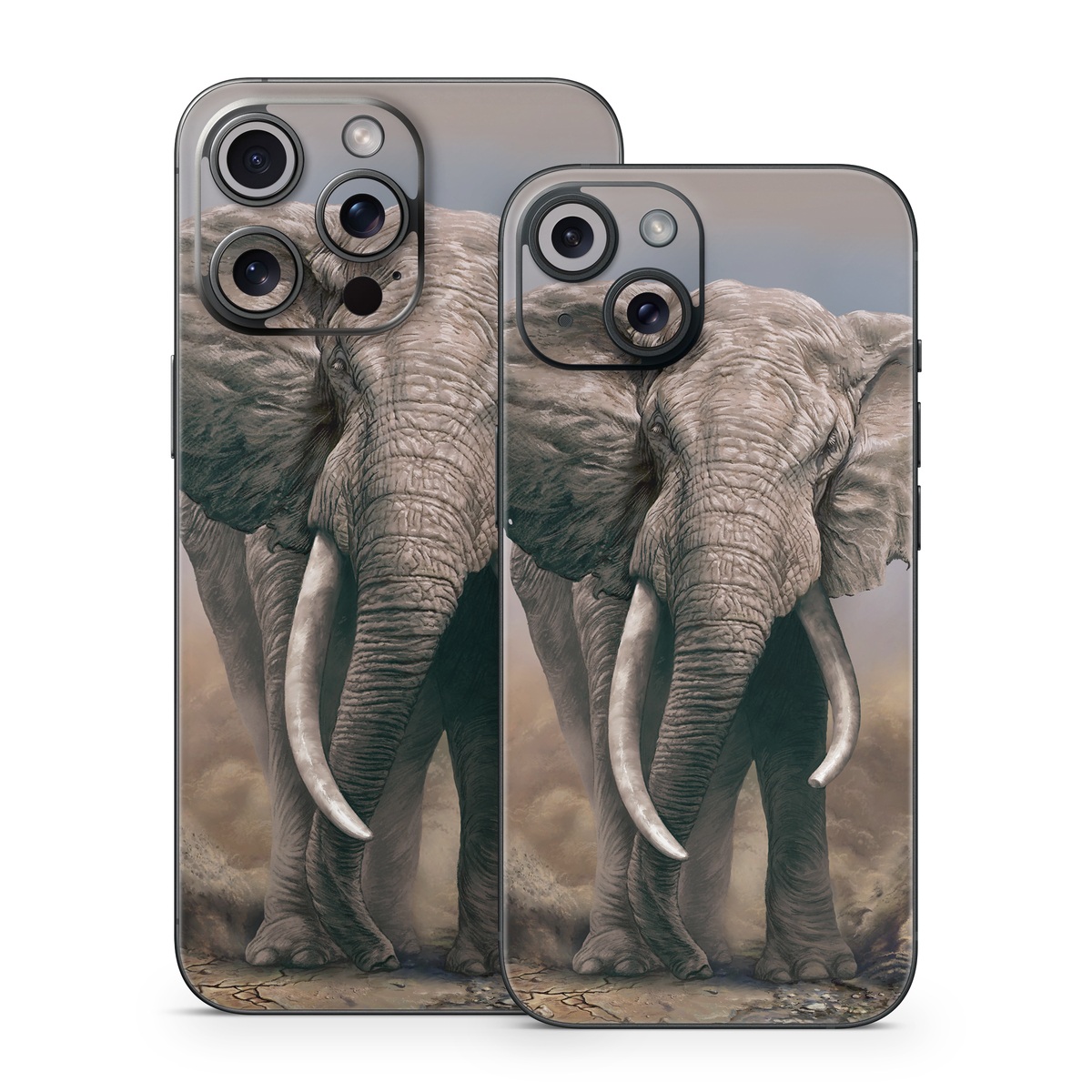 iPhone 15 Series Skin design of Elephants and Mammoths, Terrestrial animal, Indian elephant, African elephant, Wildlife, Tusk, Snout, Organism, Working animal, Illustration, with brown, gray, white colors