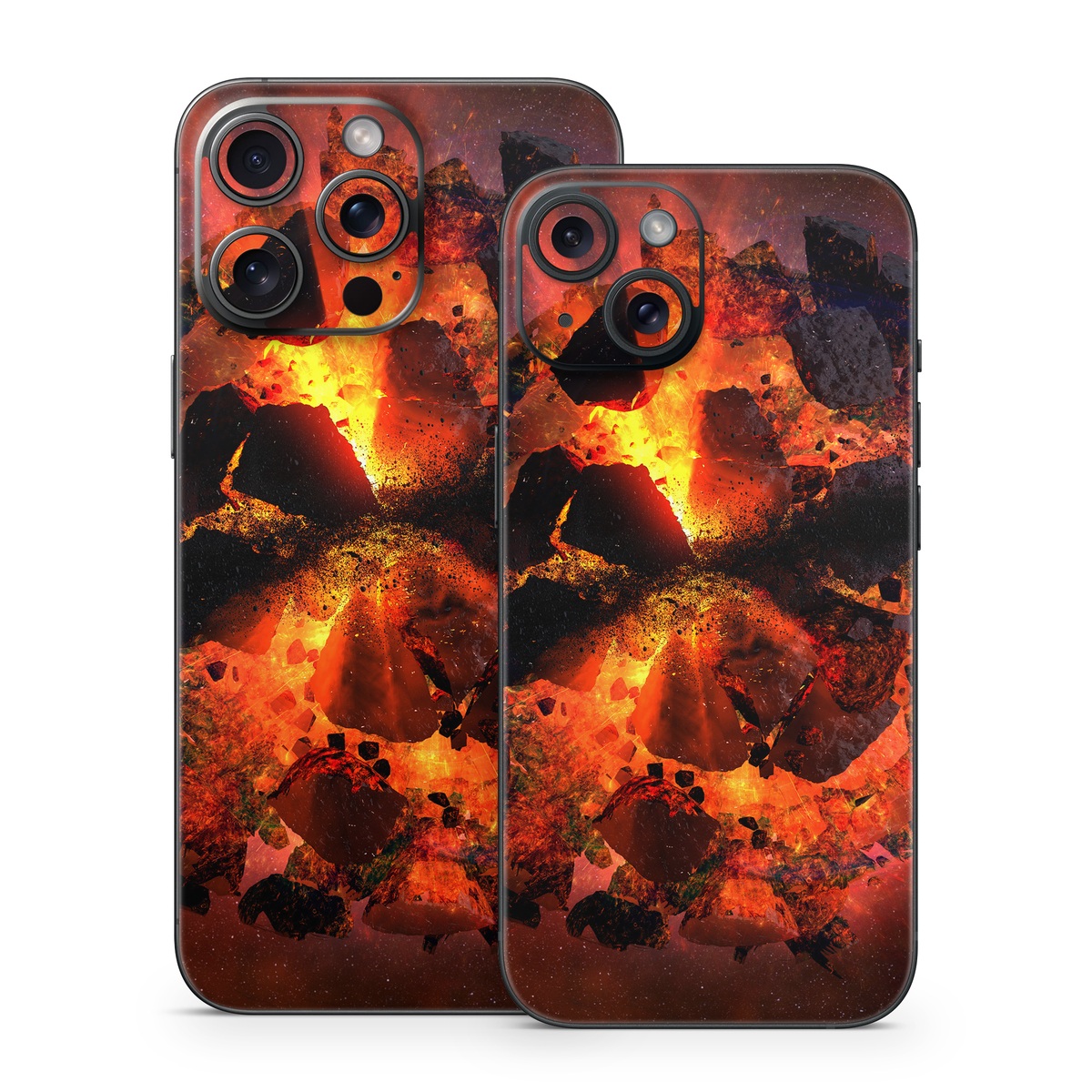 iPhone 15 Series Skin design of Flame, Heat, Fire, Space, Atmosphere, Charcoal, Explosion, Geological phenomenon, Ash, Graphics, with black, red colors