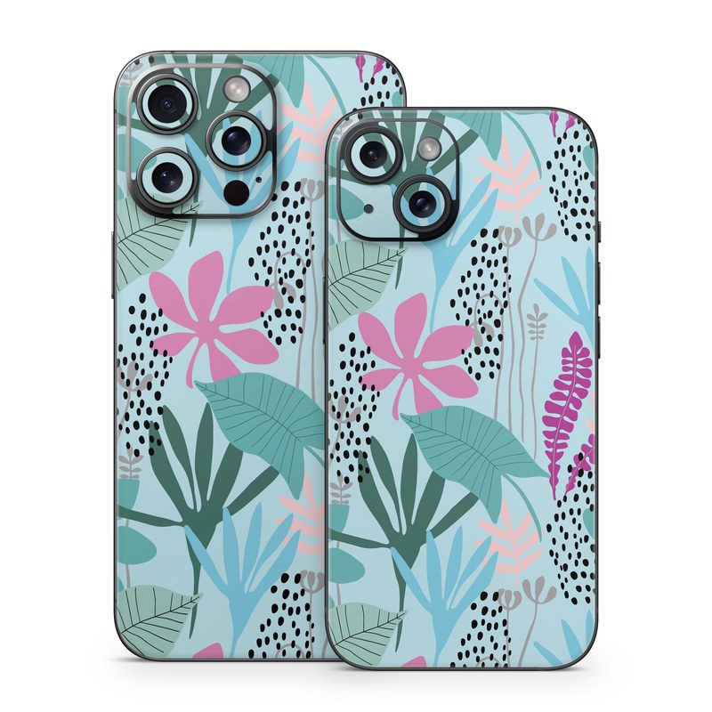 iPhone 15 Series Skin design of White, Leaf, Botany, Green, Textile, Branch, Organism, Plant, Font, Pink, with blue, green, pink, purple, black, gray colors