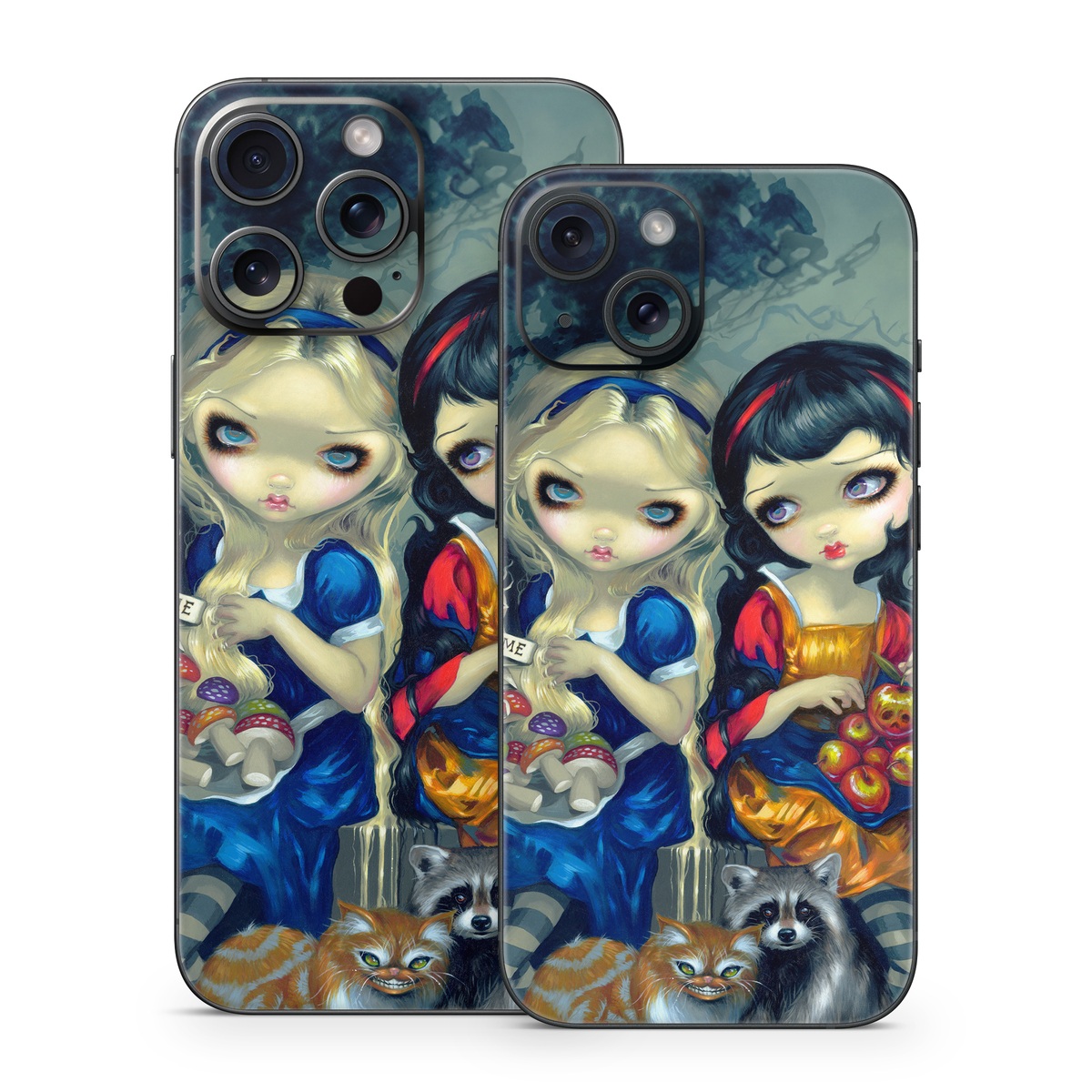 iPhone 15 Series Skin design of Doll, Cartoon, Illustration, Cat, Art, Fawn, Toy, Fictional character, Whiskers, with blue, yellow, red, orange, gray colors
