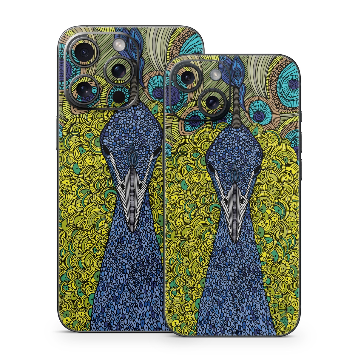 iPhone 15 Series Skin design of Peafowl, Bird, Feather, Pattern, Art, Phasianidae, Galliformes, Design, Psychedelic art, Symmetry, with green, blue, yellow colors