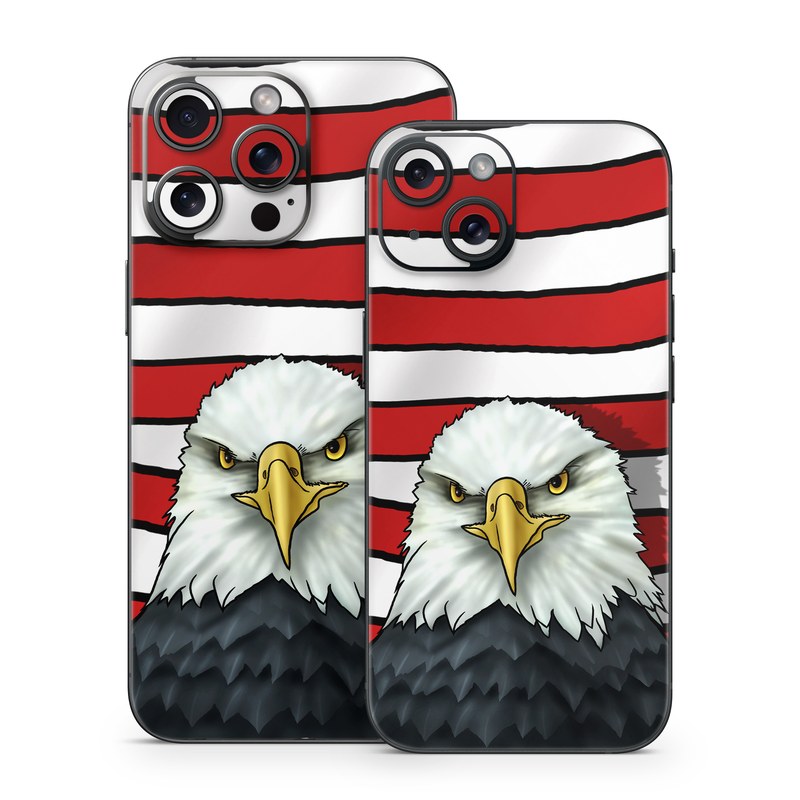 iPhone 15 Series Skin design of Bald eagle, Eagle, Bird, Bird of prey, Accipitridae, Beak, Accipitriformes, Sea eagle, Flag, with white, gray, blue, yellow, red colors