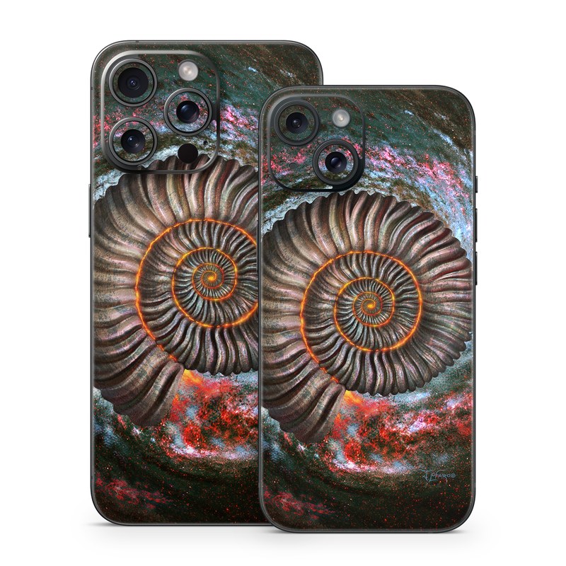 iPhone 15 Series Skin design of Spiral, Fractal art, Vortex, Circle, Art, Ammonoidea, with black, brown, red, white, blue, green colors