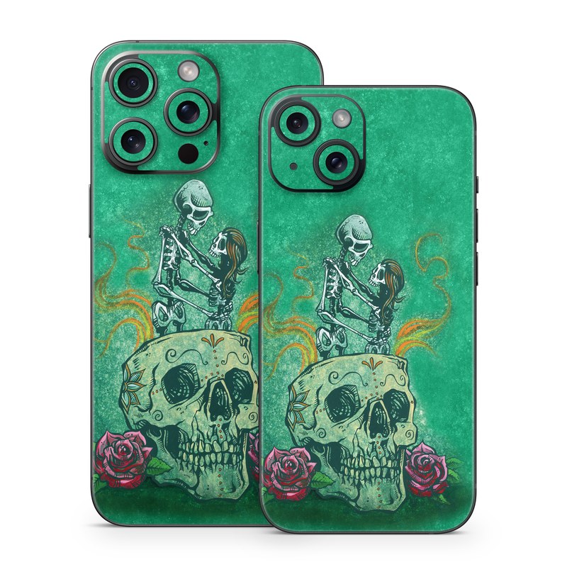 iPhone 15 Series Skin design of Bone, Skull, Aqua, Pattern, Electric blue, Fashion accessory, Font, Fictional character, Art, Grass, with green, pink, red, yellow, orange, white, gray colors