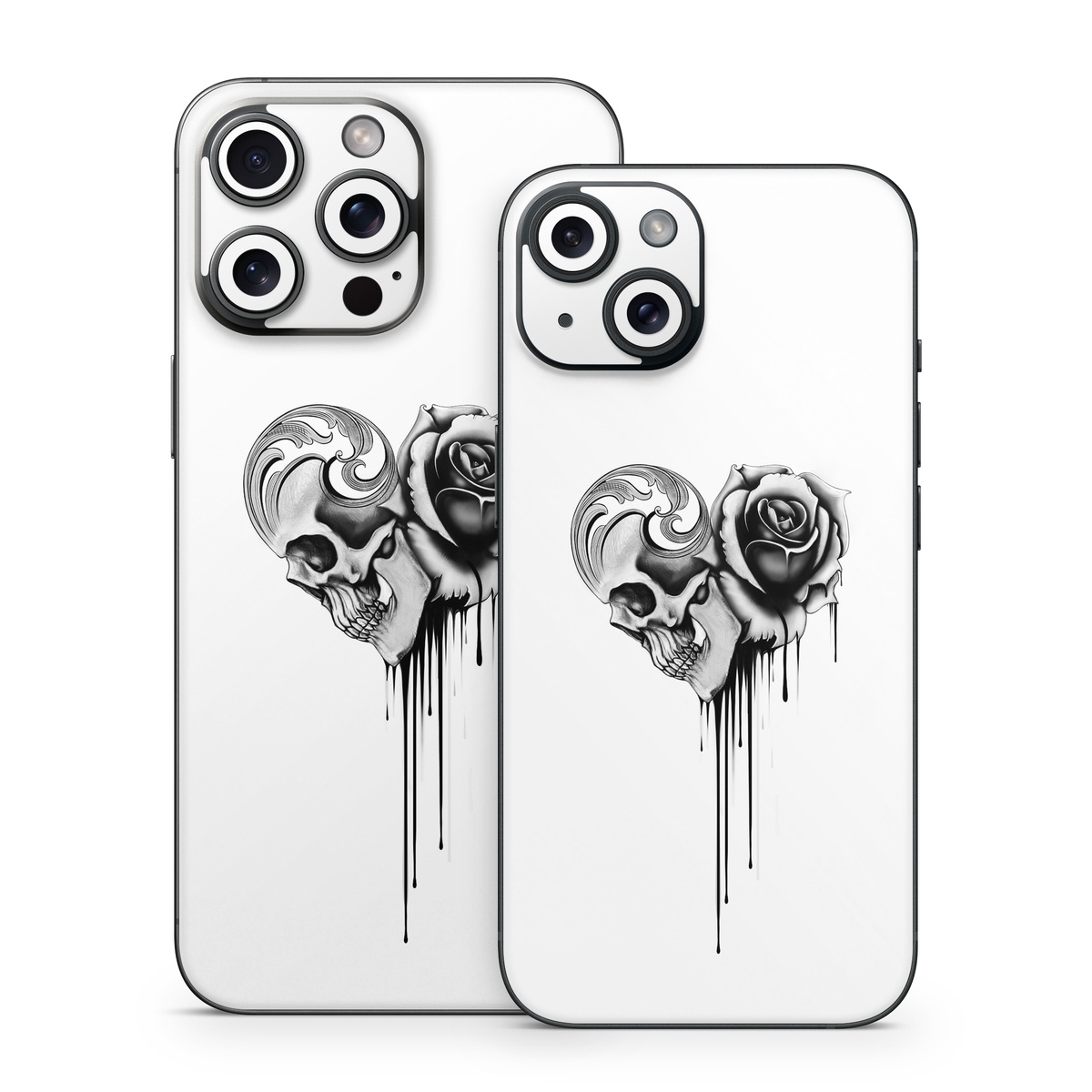 iPhone 15 Series Skin design of Black-and-white, Illustration, Monochrome, Rose, Plant, Style, Metal, Drawing, with white, black, gray colors