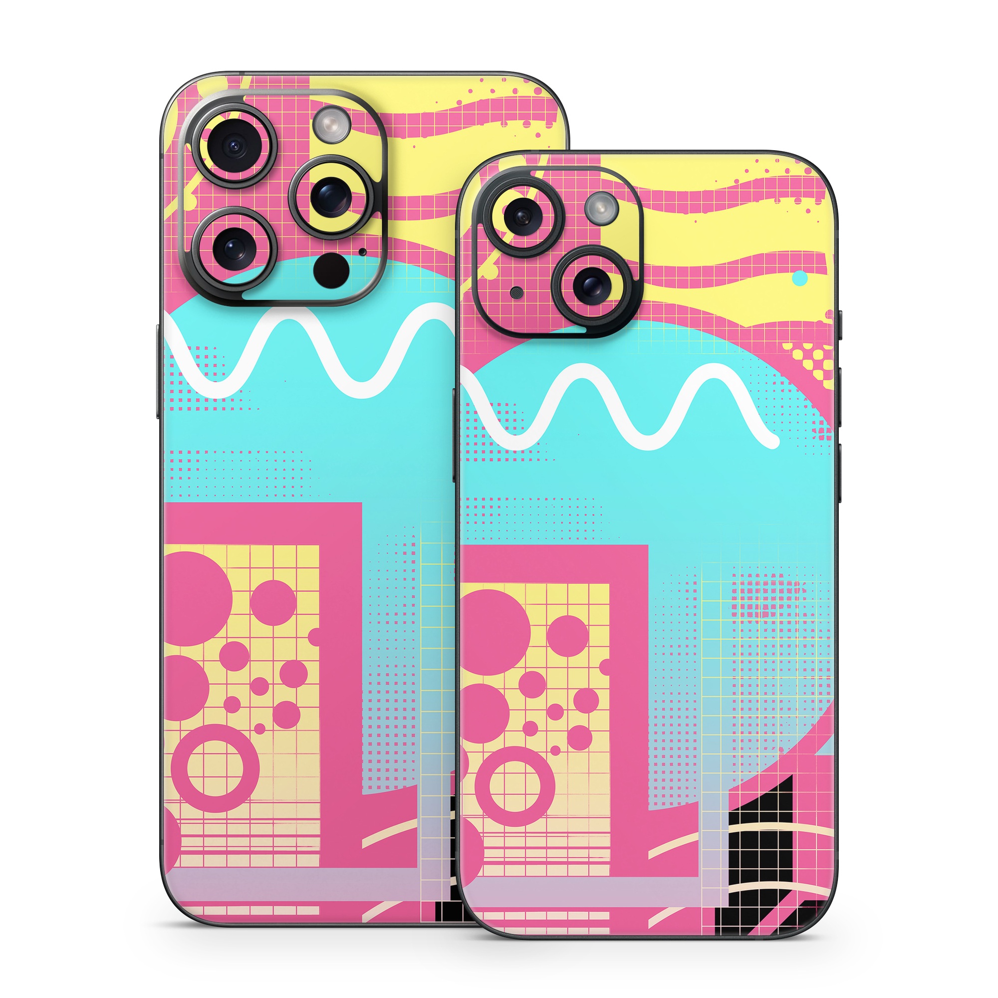 iPhone 15 Series Skin design of Textile, Organism, Font, Art, Pink, Rectangle, Line, Aqua, Magenta, Circle, with pink, yellow, blue, black, white colors