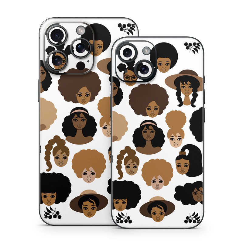 iPhone 15 Series Skin design of Hair, People, Facial expression, Hairstyle, Cartoon, Head, Afro, Clip art, Font, Black hair, with black, brown, white colors