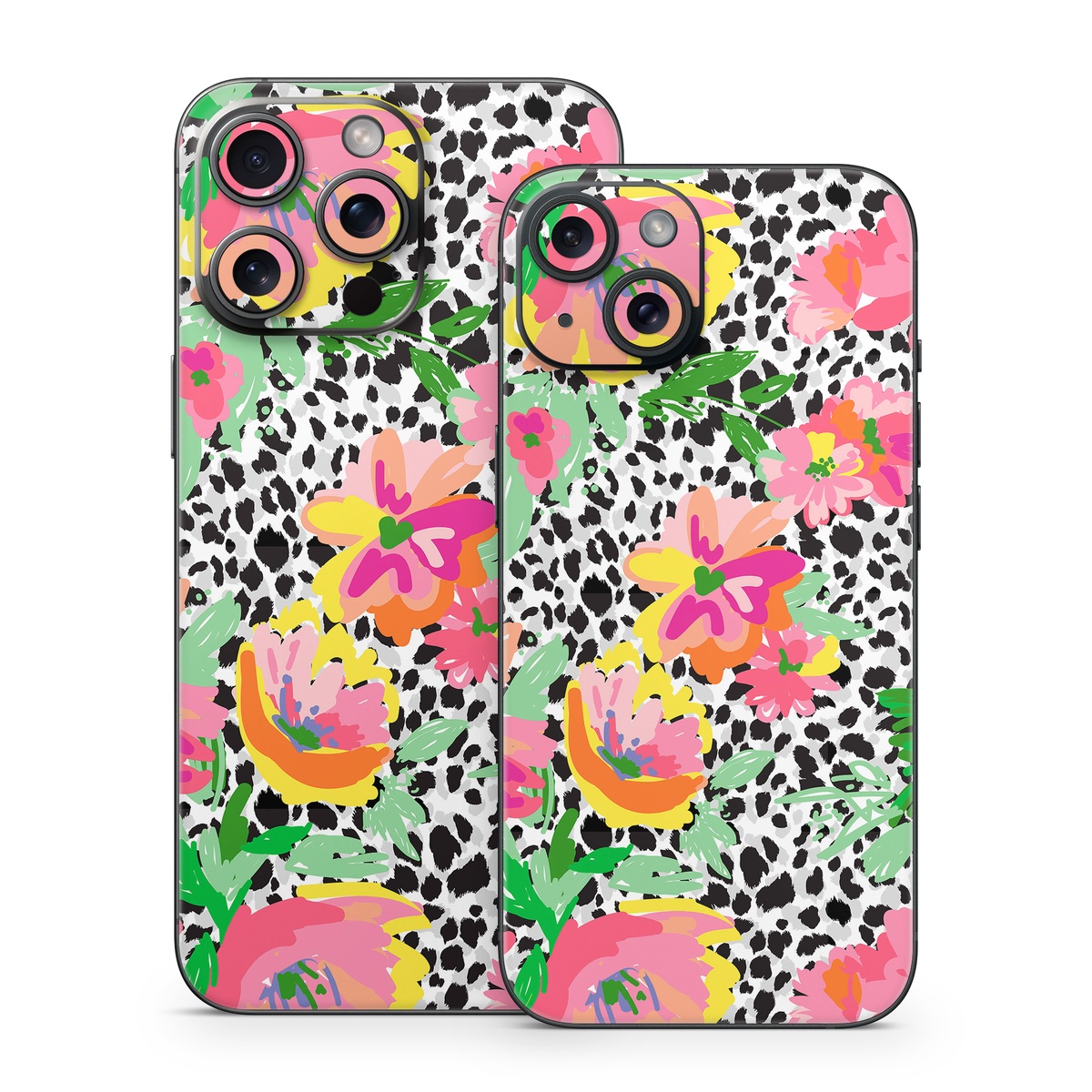 iPhone 15 Series Skin design of Flower, Petal, Textile, Pink, Creative arts, Art, Magenta, Pattern, Plant, Symmetry, with pink, orange, yellow, purple, green, black, white colors