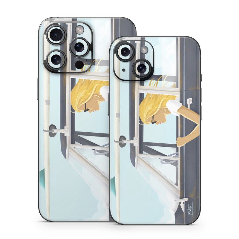iPhone 15 Series Skin design of Vehicle door, Vehicle, Automotive exterior, Automotive design, Car, Headgear, Windshield, Dress, Automotive window part, Family car, with blue, white, gray, yellow colors
