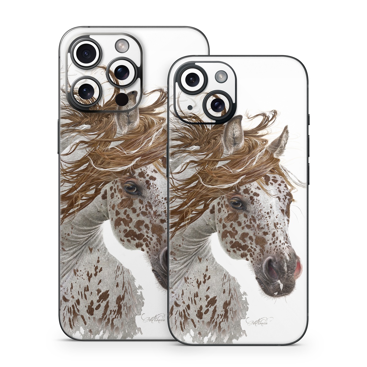 iPhone 15 Series Skin design of Horse, Mane, Mustang horse, Illustration, Snout, Animal figure, Drawing, Stallion, Liver, Mare, with white, brown colors