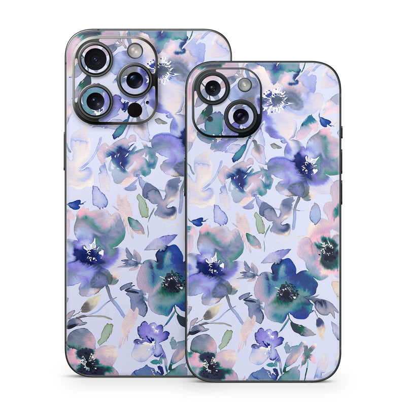 iPhone 15 Series Skin design of Blue, Flower, Petal, Pink, Purple, Wildflower, Watercolor painting, Floral design, Lobelias, Borages, with white, purple, black, pink, green colors