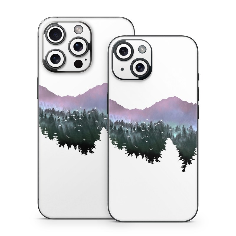 iPhone 15 Series Skin design of Nature, Mountainous landforms, Mountain, Atmospheric phenomenon, Tree, Wilderness, Sky, Mountain range, Forest, Hill, with white, black, purple, blue, green colors