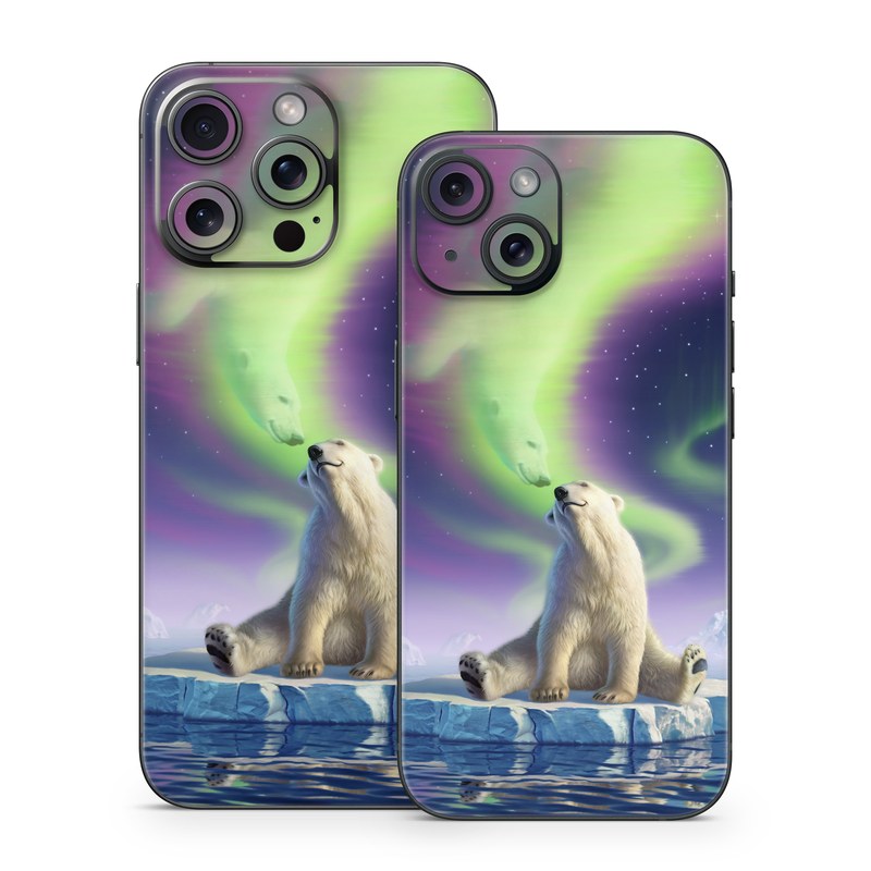 iPhone 15 Series Skin design of Aurora, Sky, Wildlife, Polar bear, Fictional character, with white, blue, green, purple colors