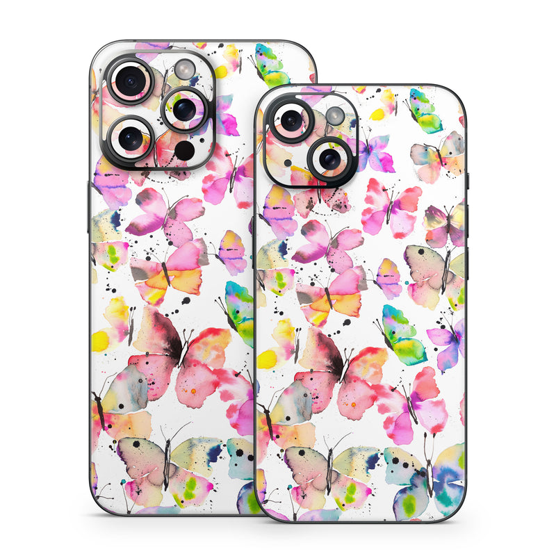 iPhone 15 Series Skin design of Pollinator, Butterfly, Pink, Insect, Lepidoptera, Arthropod, Paint, Watercolor painting, with white, pink, red, blue, green, purple, yellow, orange colors