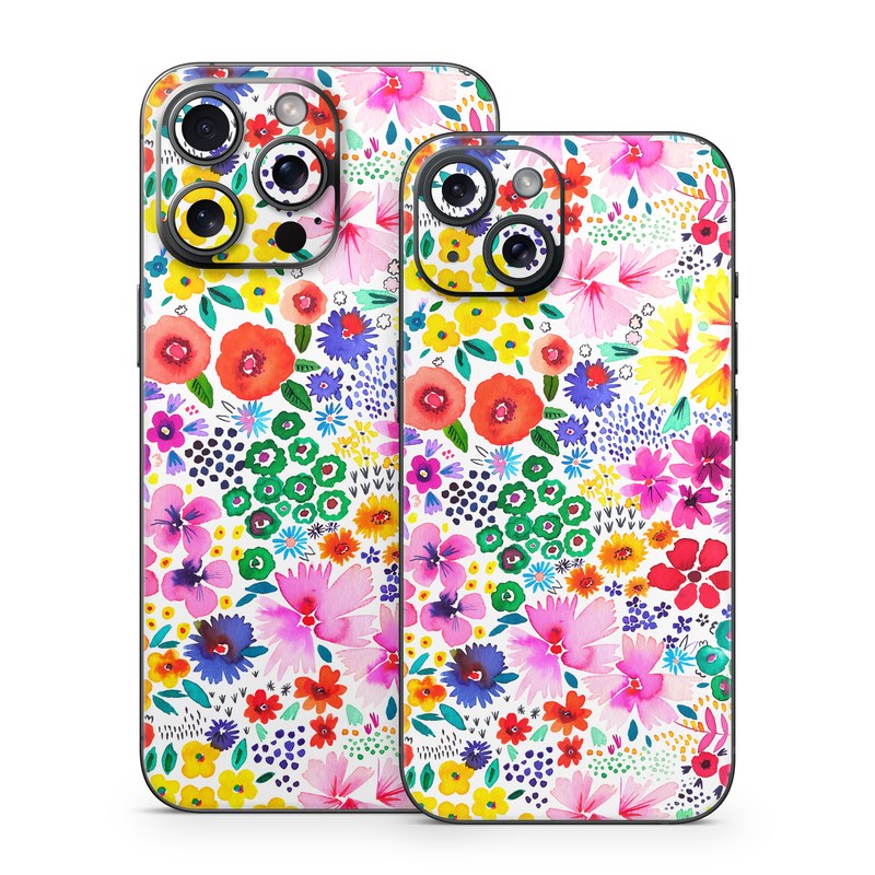 iPhone 15 Series Skin design of Colorfulness, Flower, Pink, Art, Magenta, Pattern, Creative arts, Petal, Symmetry, Electric blue, with white, pink, green, red, blue, purple, yellow, orange colors