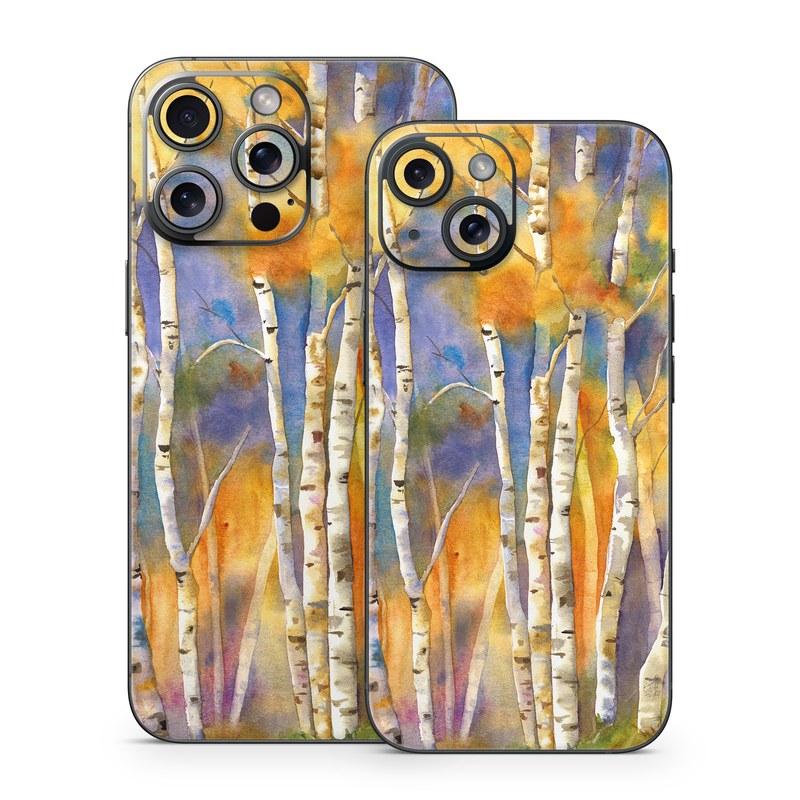 iPhone 15 Series Skin design of Canoe birch, Watercolor paint, Tree, Birch, Woody plant, Painting, Plant, Birch family, Paint, Trunk, with orange, yellow, green, white, purple, blue colors
