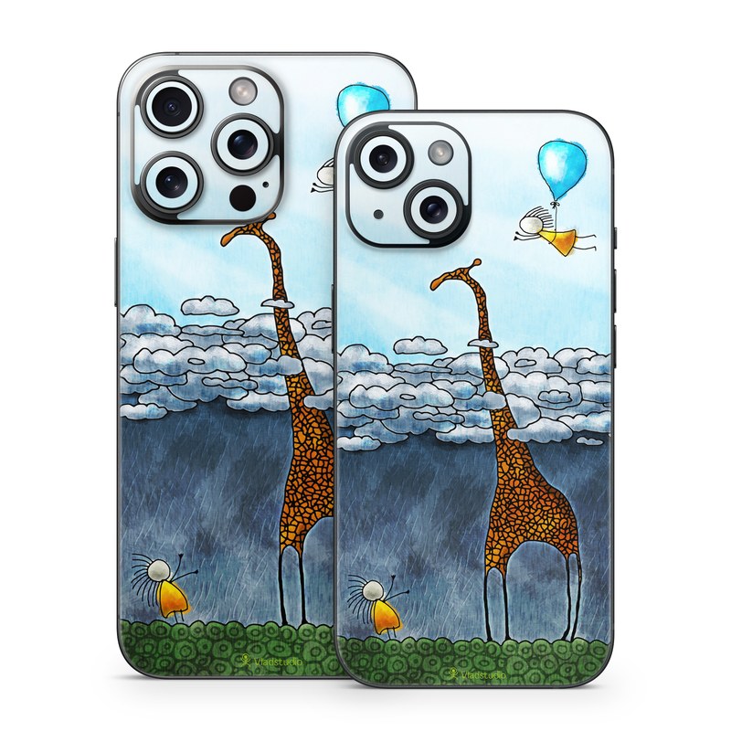 iPhone 15 Series Skin design of Giraffe, Sky, Tree, Water, Branch, Giraffidae, Illustration, Cloud, Grassland, Bird, with blue, gray, yellow, green colors